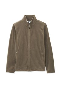 Olivgrüne Fleecejacke mit hohem Kragen, mittigem Reißverschluss und zwei seitlichen Taschen. Sie zeichnet sich durch eine glatte Textur und ein dezentes Markendetail am Ärmel aus.