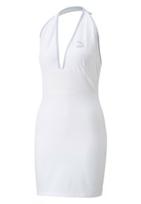 Robe blanche sans manches avec un décolleté en V profond, une section médiane côtelée et des accents bleu clair. Fabriquée dans un tissu lisse et extensible. Présente un logo.