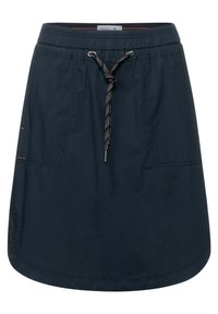 Gonna blu navy con vita elastica, cordoncino regolabile e due tasche frontali. Realizzata in tessuto leggero e testurizzato.
