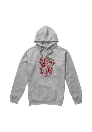 Hellgrauer Kapuzenpullover mit Fronttasche und rotem Gryffindor-Hauswappen mit Löwenemblem auf der Brust.