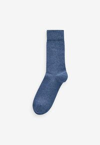 Men's blue sock made of textured fabric, featuring a ribbed cuff, smooth body, and a solid color with no visible patterns or embellishments.