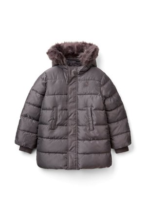 Cappotto imbottito grigio con cappuccio in pelliccia sintetica, dotato di chiusura con zip, due tasche frontali e polsini a costine. Tessuto liscio e design a trapunta.