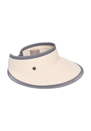 Wide-brimmed beige sun visor hat with gray trim and small round metal logo on the side.