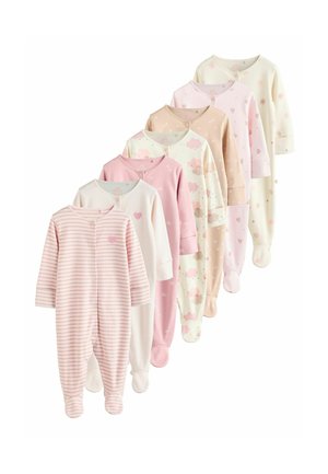 Syv pastel-farvede baby bodyer med fødder, med striber, hjerter, skyer, stjerner og forskellige bløde mønstre.