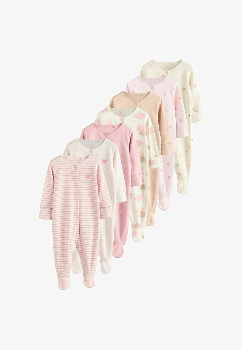 Siete peleles para bebé en colores pastel con pies, con rayas, corazones, nubes, estrellas y varios patrones suaves.