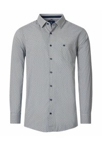 Langarmhemd aus hellblauem Stoff mit geometrischem Muster, mit Button-Down-Kragen und marineblauen Knöpfen. Verfügt über eine kleine Brusttasche.