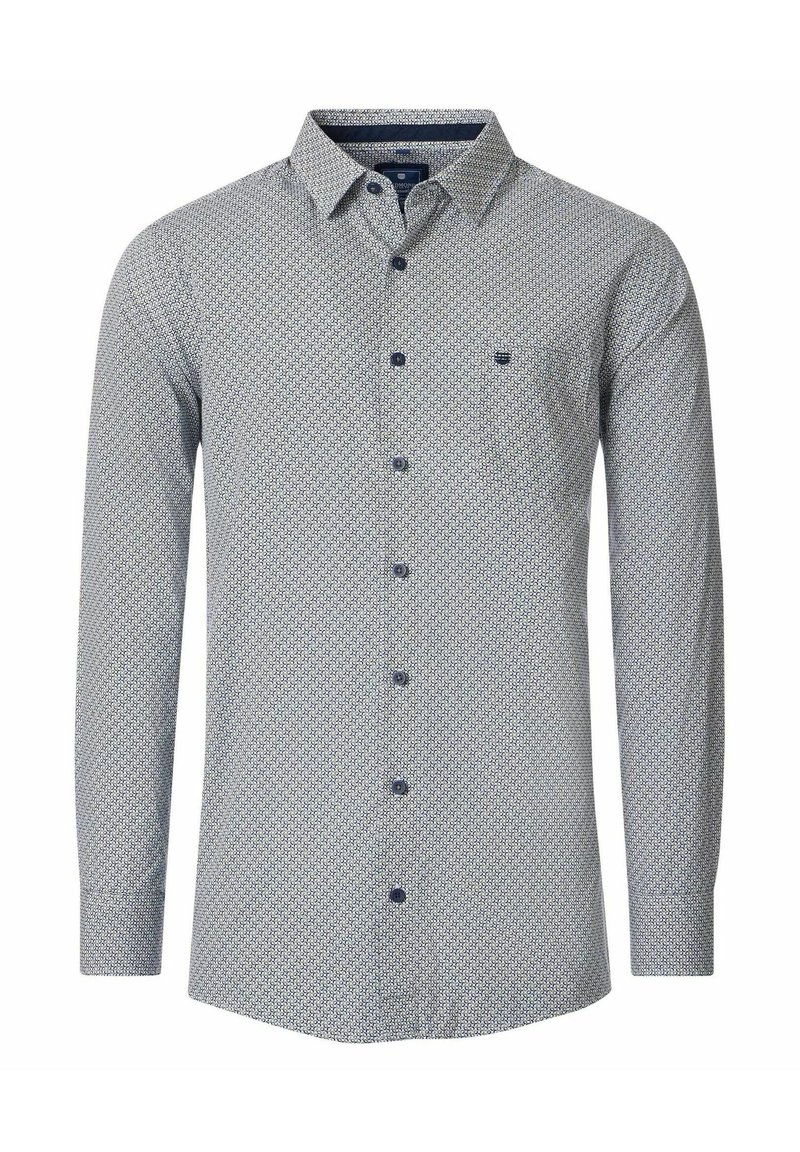 Langarmhemd aus hellblauem Stoff mit geometrischem Muster, mit Button-Down-Kragen und marineblauen Knöpfen. Verfügt über eine kleine Brusttasche.