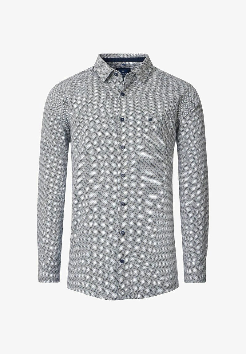 Lange mouwen shirt van lichtblauwe stof met een geometrisch patroon, met een button-down kraag en marineblauwe knopen. Voorzien van een klein borstzakje.