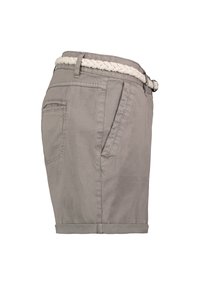 Gray cotton shorts with a braided cream belt, side and back pockets, rolled hem, and a casual, structured fit.