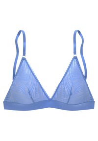 Brendirani plavi triangle bralet s čipkastim rubom, prozirnom uzorkovanom tkaninom, podesivim satenastim trakama i čvrstim donjim pojasom.