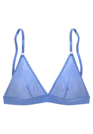Bralette blu in stile triangolo con marchio, bordi in pizzo, tessuto trasparente a fantasia, spalline in satin regolabili e fascia solida nella parte inferiore.