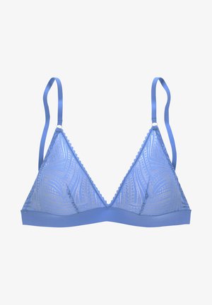 Brassière triangle bleue de marque avec une bordure en dentelle, tissu transparents à motifs, bretelles en satin réglables et une bande solide au bas.