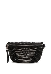 Zwarte tas met een afgeronde vorm, voorzien van een gespikkeld ontwerp, ritssluiting en een gestructureerd oppervlak met zilveren accenten.