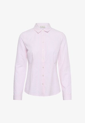 Langærmet skjorte med knapper i lyserød med hvide lodrette striber, med klassisk krave og manchetter med matchende stribet detalje.