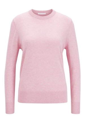 Vaaleanpunainen pitkähihaisen pyöreäkauluksen neule, jossa on resorit hihansuissa ja helmassa, esillä valkoisella taustalla.