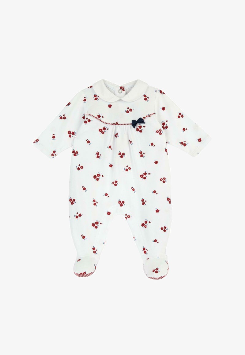 Weißer Baby-Body mit rotem Blumenmuster, einem maritimen Schleifendetail und einem Kragen. Lange Ärmel und Füßchen-Design mit einem karrierten Akzent an den Bündchen.