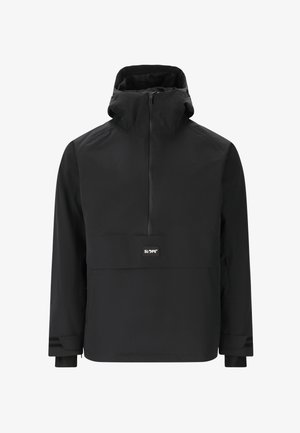 Zwarte waterdichte jas met een hoge kraag, half rits aan de voorkant en een borstzak. Voorzien van elastische manchetten en een matte afwerking.