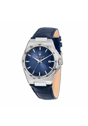 Orologio da polso in acciaio inossidabile con quadrante blu testurizzato, indici delle ore argento, finestra della data a ore 3 e cinturino in pelle blu con cuciture.