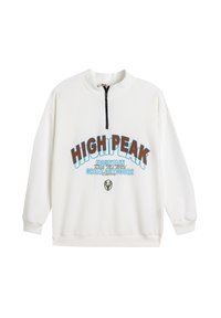 Sudadera de media cremallera en crema claro con un estampado gráfico en azul y marrón que dice "HIGHPEAK MOUNTAIN GREAT OUTDOORS." Puños y dobladillo acanalados.