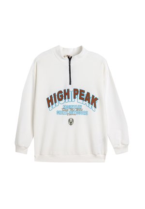Sudadera de media cremallera en crema claro con un estampado gráfico en azul y marrón que dice "HIGHPEAK MOUNTAIN GREAT OUTDOORS." Puños y dobladillo acanalados.