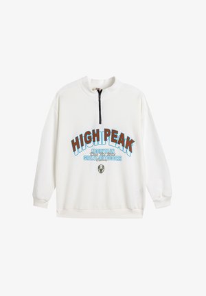 Jasna kremowa bluza z półzamkiem z grafiką w niebiesko-brązowe wzory z napisem "HIGHPEAK MOUNTAIN GREAT OUTDOORS". Ściągacze przy mankietach i u dołu.