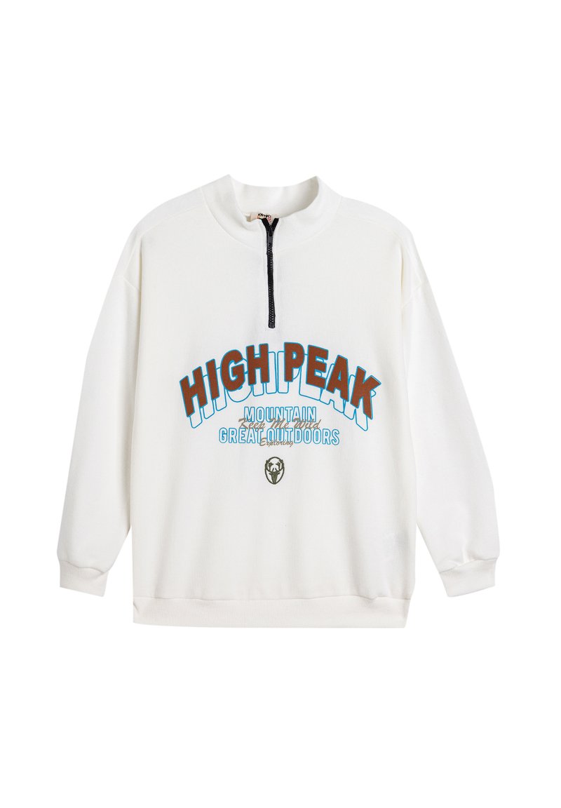 Sudadera de media cremallera en crema claro con un estampado gráfico en azul y marrón que dice "HIGHPEAK MOUNTAIN GREAT OUTDOORS." Puños y dobladillo acanalados.