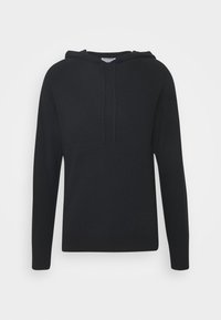 Schwarzer Pullover-Hoodie mit langen Ärmeln, Kordeln, gerippten Bündchen und Saum, vor einem einfarbigen weißen Hintergrund präsentiert.