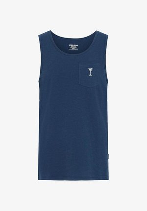 Camiseta sin mangas de color azul marino en algodón, con un escote redondo y un bolsillo en el pecho izquierdo que presenta un bordado de un vaso de cóctel blanco.