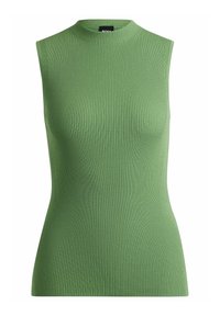 Bezrukávový ribbed top v světle zelené barvě, s vysokým výstřihem, přiléhavým střihem a jemnou texturou.