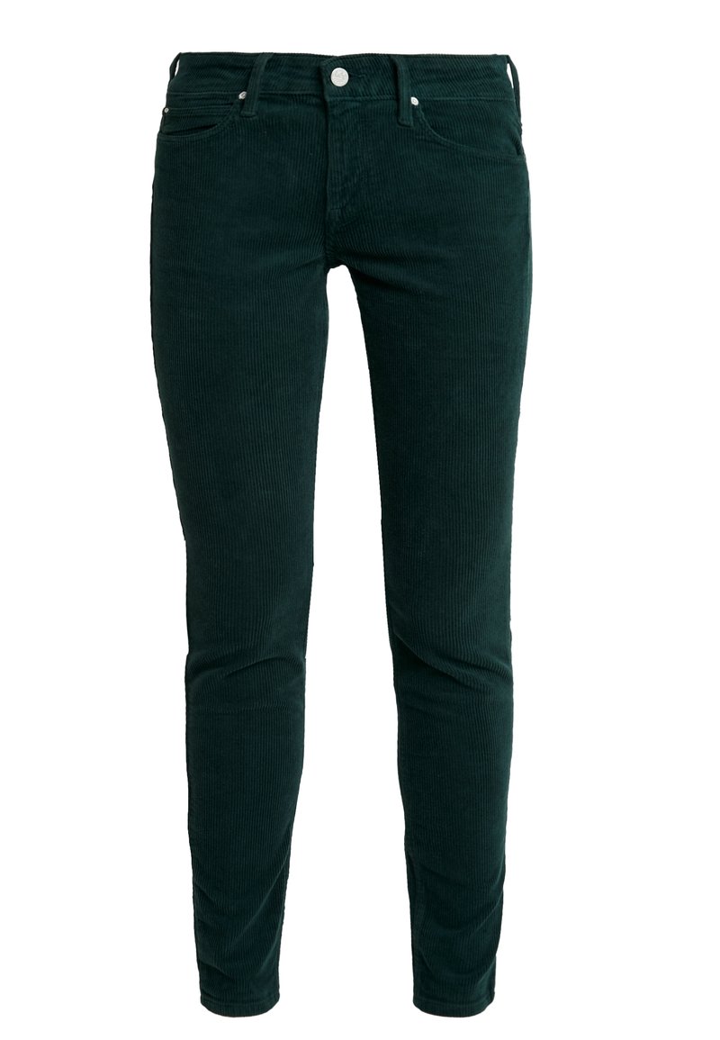 Mörkgröna corduroybyxor med en smal passform, tydlig ribbad textur, fem fickor samt metalldetaljer i form av knappar och nitar.