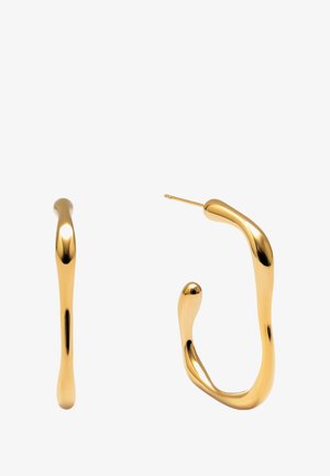 Guldtonede hoops øreringe med et organisk, flydende design. Har en glat, skinnende overflade og en pindlås for sikker bæring.