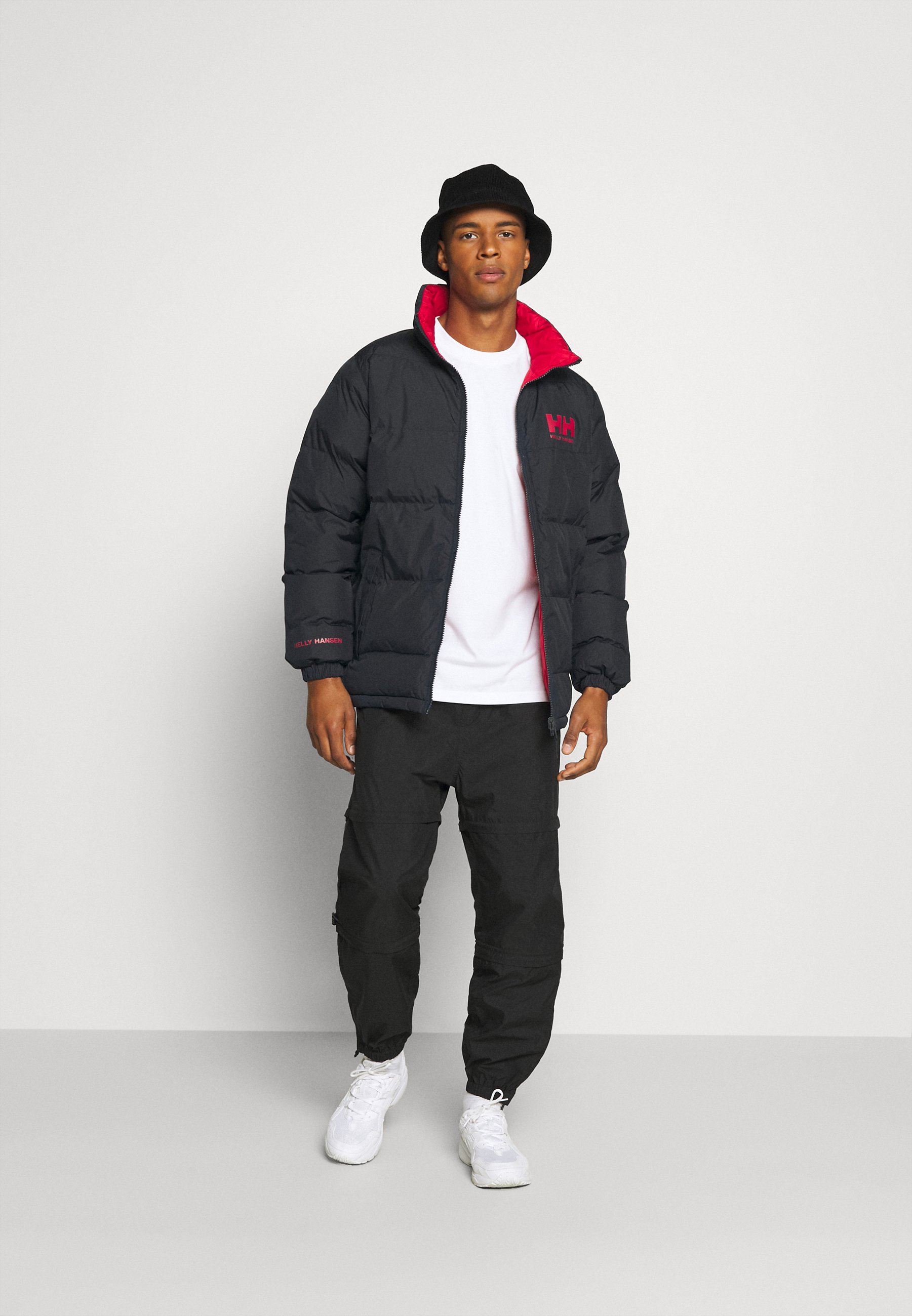 blue and red puffer jacket