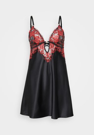 Nuisette en satin noir avec des détails en dentelle florale rouge, décolletée en V, bretelles réglables et accent en trou de serrure au centre.