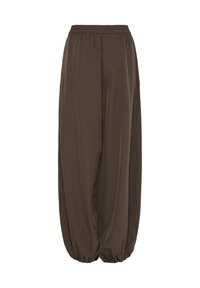 Pantalon ample marron avec taille élastique et poignets élastiques froncés aux chevilles, fabriqué en tissu léger.