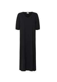 Black, knee-length dress made of textured fabric features short puff sleeves and a V-neckline, with a loose straight cut and no embellishments.