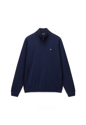 Granatowy sweter z długim rękawem, z suwakiem do ćwiartki i małym haftowanym logo flagi na lewej piersi.