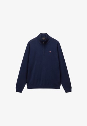 Marineblauer Pullover mit langen Ärmeln, Viertel-Reißverschluss und kleinem besticktem Flaggenlogo auf der linken Brust.