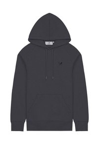 Felpa con cappuccio grigia scura, dotata di tasca frontale, cappuccio regolabile con cordino e un piccolo logo nero sul petto. Tessuto morbido e polsini a coste.