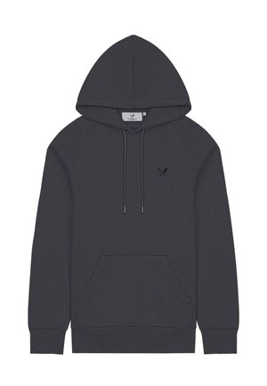 Donkergrijze hoodie met een voorzak, trekkoordkap en een klein zwart logo op de borst. Zacht stof en geribbelde manchetten.