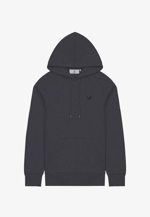 Donkergrijze hoodie met een voorzak, trekkoordkap en een klein zwart logo op de borst. Zacht stof en geribbelde manchetten.