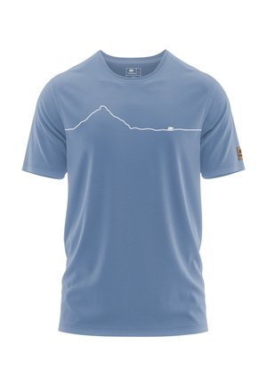 Light blue crew neck t-shirt made of soft fabric featuring a white mountain silhouette graphic across the chest and a logo patch on the sleeve.