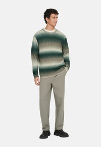 Pull en maille aux nuances dégradées de vert et de gris, col rond, avec poignets et ourlet côtelés. Associé à un pantalon gris clair et des chaussures noires.