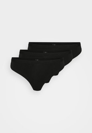 Tres pares de bragas de hilo negras de algodón con una textura suave y una cinturilla elástica, dispuestas de manera ligeramente superpuesta.