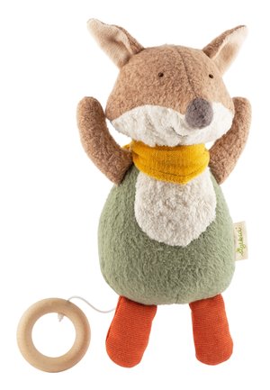 Soft plush fox toy with a brown, cream, and green body, orange legs, and a yellow scarf; features a wooden ring attached by string.