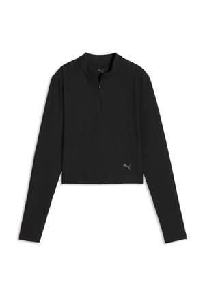 Sort cropped top med lange ærmer, kvart-lynlås krave og lille Puma-logo nær kanten på venstre forside.
