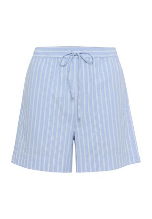 Blue and white striped shorts with a drawstring waist. Made of lightweight fabric, featuring a relaxed fit and pockets.