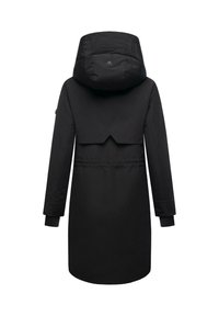 Zwarte waterdichte parka met capuchon, met een hoge kraag en een unieke achterpaneelontwerp. Lange mouwen met ribgebreide manchetten. Gladde textuur.