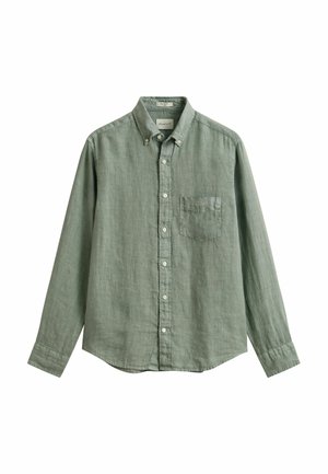 Camisa de lino verde de manga larga, con botones, bolsillo en el pecho y cuello con botones.