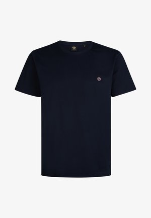 Marineblauwe katoenen T-shirt met een ronde hals, korte mouwen en een klein geborduurd logo op de linkerborst. Zachte textuur, eenvoudig ontwerp.