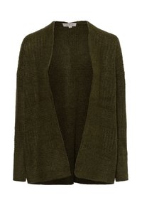 Offene Strickjacke in dunkelolivgrün, gefertigt aus strukturiertem Strickmaterial. Sie hat lange Ärmel und eine lässige Passform ohne Verschlüsse.